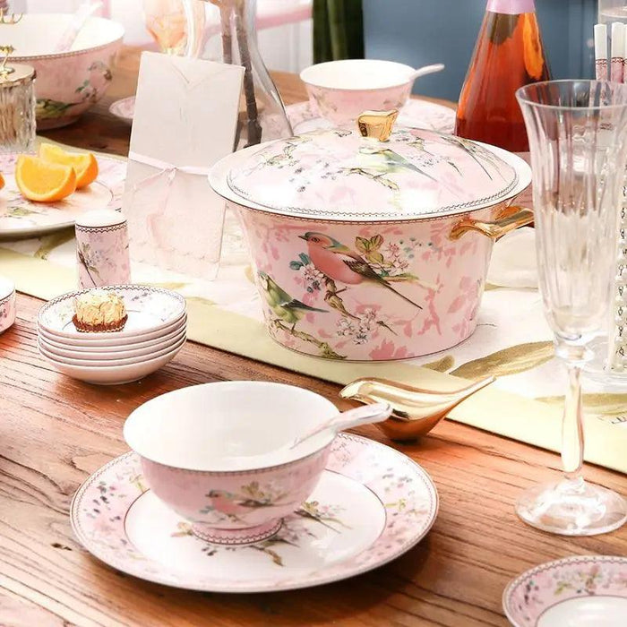 Elegant Pink Bone China Dining Ensemble: Complete 30-Piece Table Setting with Bowls, Plates, and Chopsticks