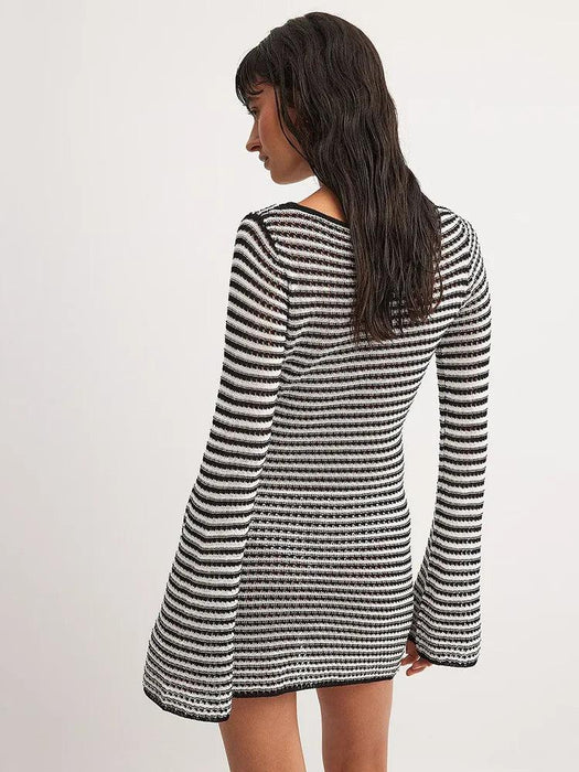 Women's Chic Striped Knit Mini Dress - High Waist Long Sleeve Style for Autumn/Winter