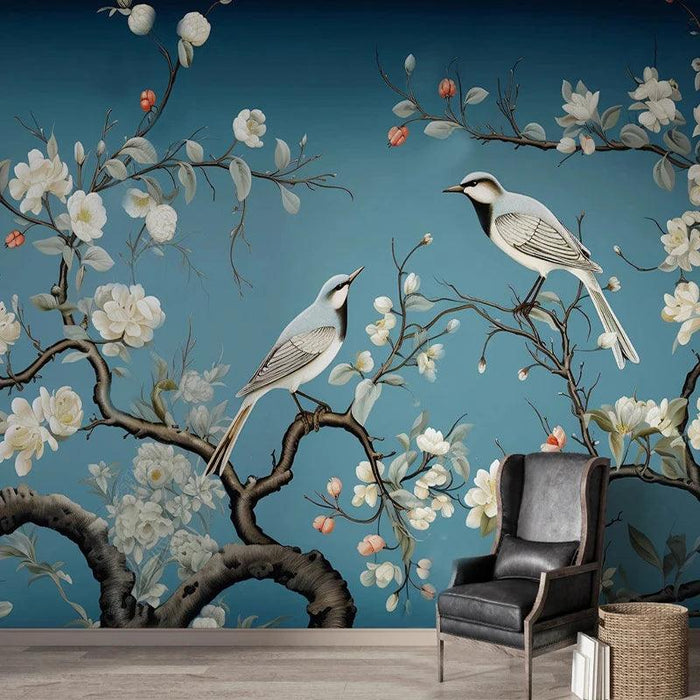 Asian-Inspired Hand-Painted Birds and Floral Mural Wallpaper - Elegant Custom Wall Art for Home Decor