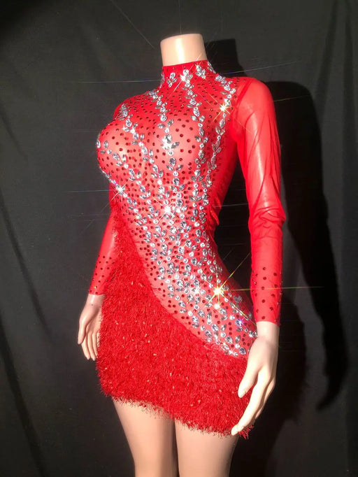 Shimmering Red Crystal Mesh Dress: Elegant Bodycon Style with Long Sleeves