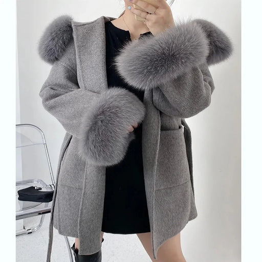 Luxurious Fox Fur Trimmed Wool Blend Winter Coat for Women