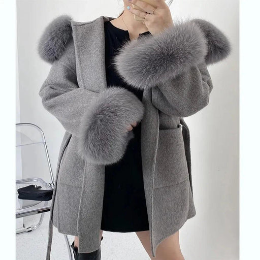 Elegant Women's Wool Blend Winter Coat with Fox Fur Trim and Cashmere Lining