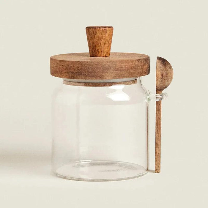 Elegant Glass Storage Jar with Acacia Wood Lid and Spoon for Coffee and Spices