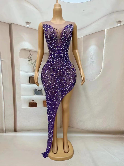 Stunning Sheer Violet Gown with Sparkling Rhinestones for Unforgettable Celebrations