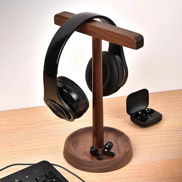 Sophisticated Dual Headphone Stand in Black Walnut & Acacia Wood with Elegant Storage Base