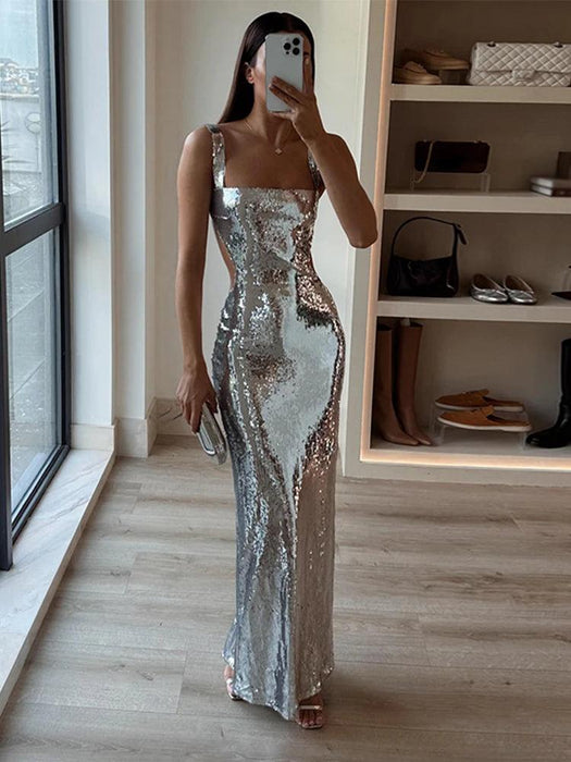 Glamorous Silver Backless Maxi Dress - Elegant Evening Party Attire