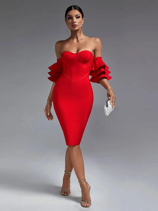 Radiant Ruby Off-Shoulder Ruffle Bodycon Dress - Chic Summer 2023 Fashion