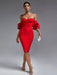 Radiant Ruby Off-Shoulder Ruffle Bodycon Dress - Chic Summer 2023 Fashion