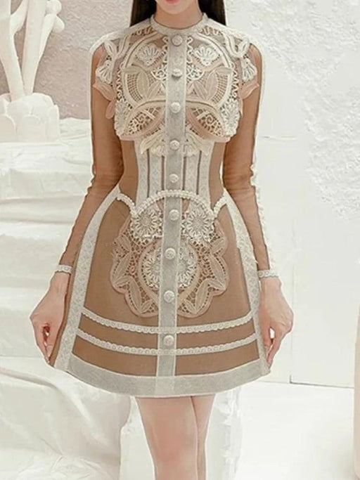 Elegant Vintage Lace Patchwork Runway Dress with Mesh Sleeves for Women