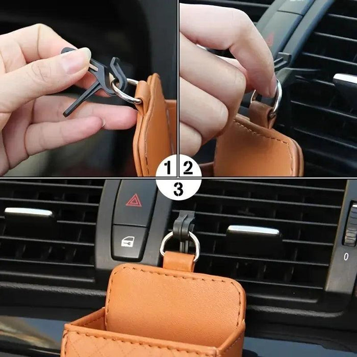 Sleek Black PU Leather Car Air Vent Organizer for Phone and Glasses