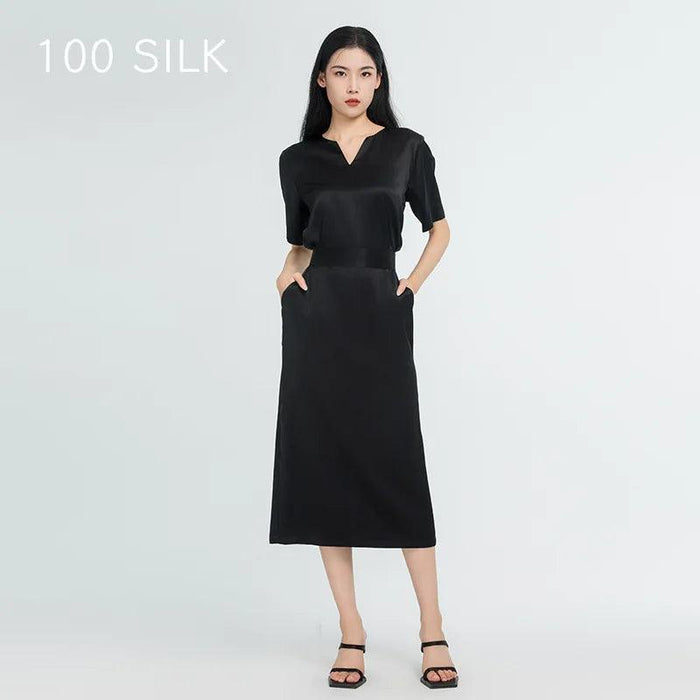 Elegant Silk V-neck Top and Midi Skirt Ensemble - Chic Women's Two-Piece Set