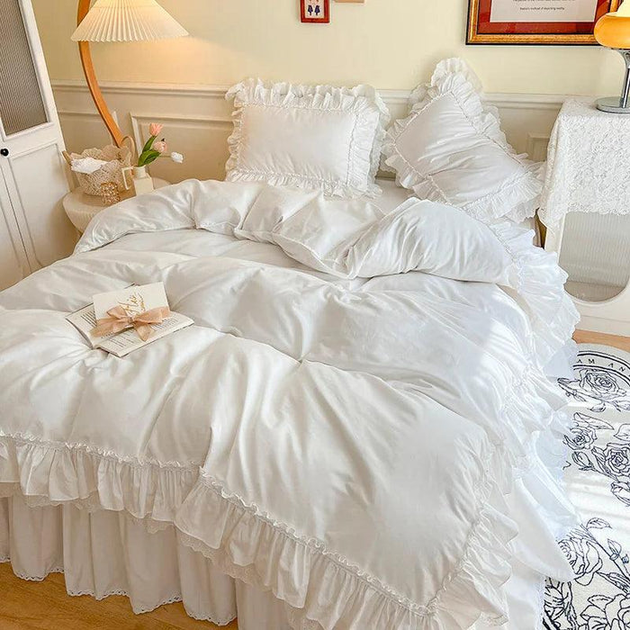 Chic White and Pink Ruffled 100% Cotton Girls' Duvet Cover Set with Pillowcases - Soft and Stylish Bedding