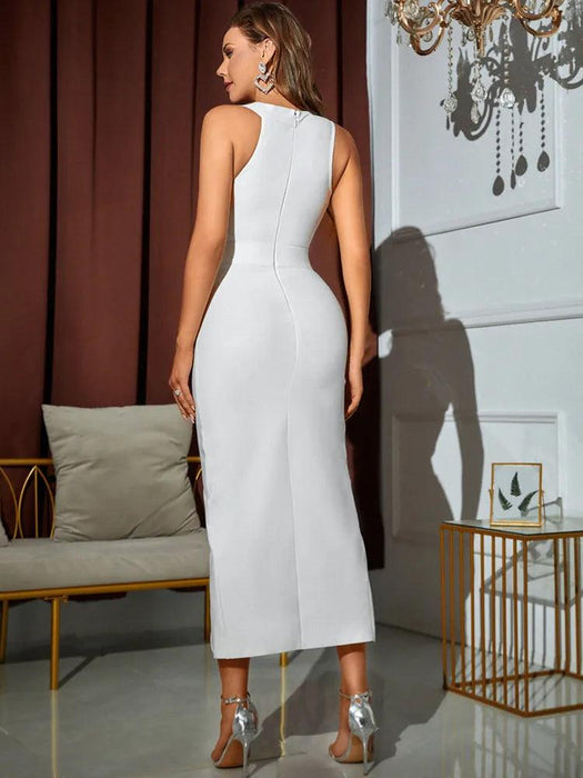 Elegant White V Neck Midi Bandage Dress with Side Slit - Trendy Bodycon Style for Women