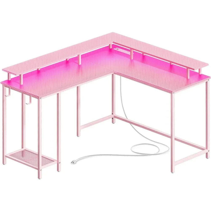 Pink Carbon Fiber L-Shaped Gaming Desk with Custom LED Ambiance, Power Ports, and Ample Storage