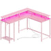 Pink Carbon Fiber L-Shaped Gaming Desk with Custom LED Ambiance, Power Ports, and Ample Storage