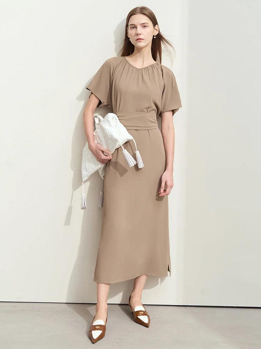 Chic Minimalist V-Neck Pleated Summer Dress with Lace-Up Detail for Women