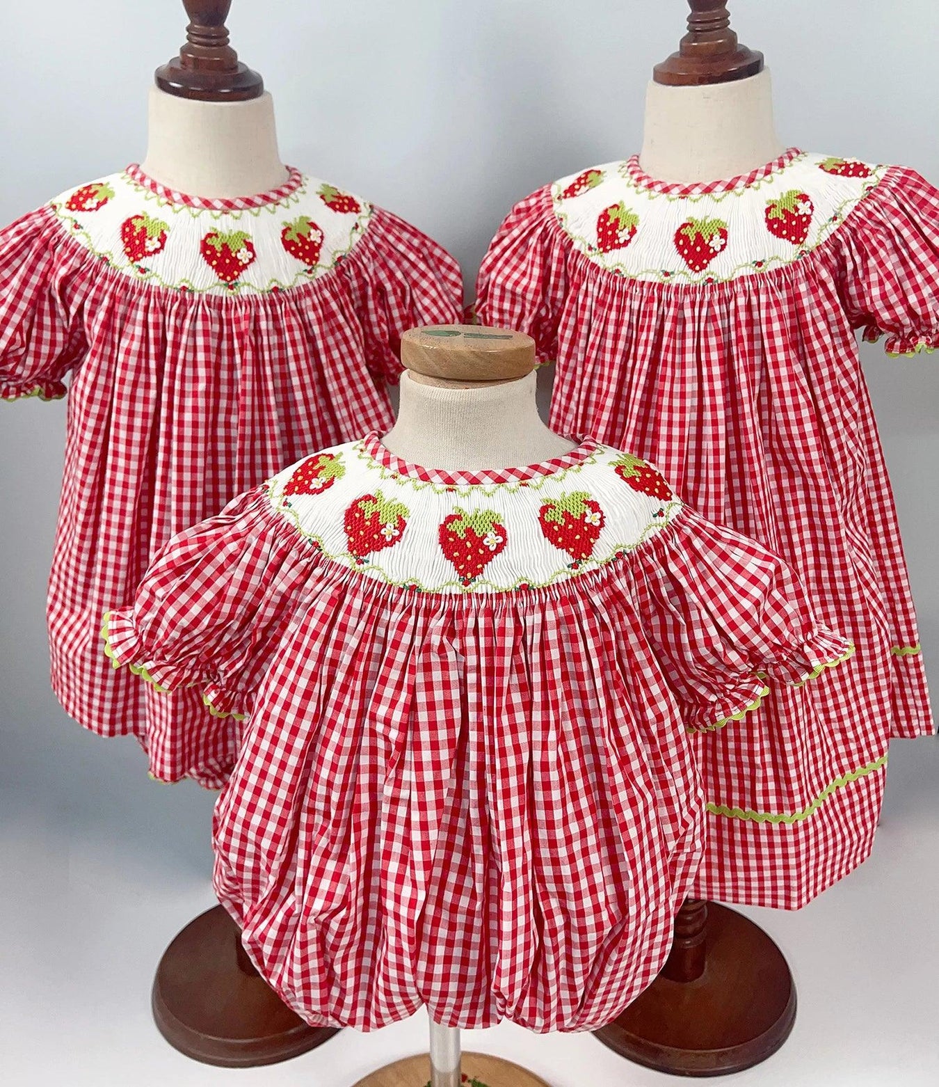 Adorable Handmade Strawberry Embroidered Summer Dress Set for Girls - Trendy Red Plaid Bubble Sleeve Outfit with Chic Split Design