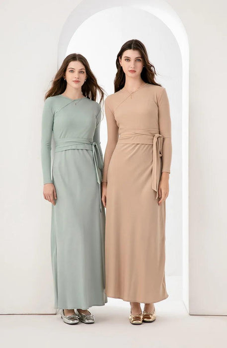 High-Stretch Ribbed Wrap Top & Matte Satin Maxi Dress Ensemble for Women