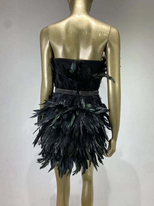 Chic Black Feather Strapless Evening Dress for Women