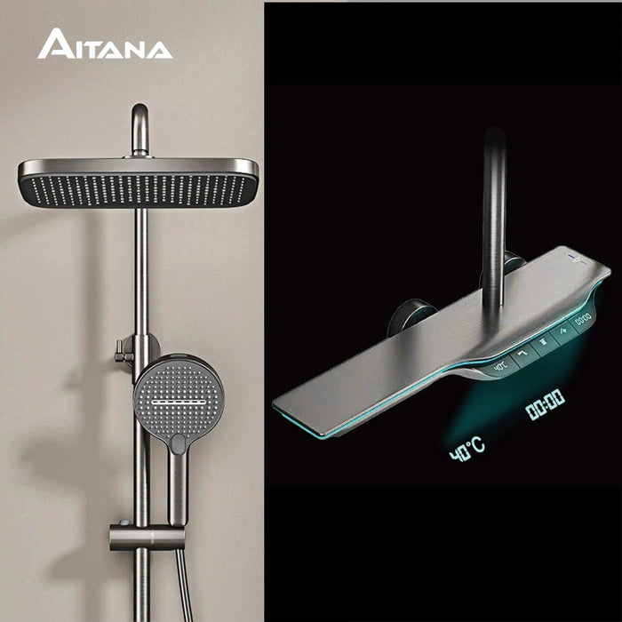 Elegant Gunmetal LED Shower System with Smart Temperature Management and Dual Control Features