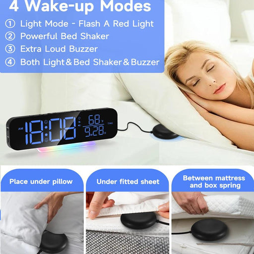 Vibrant Wake-Up Alarm Clock with Bed Shaker for Deep Sleepers and Color-Changing LED Night Light