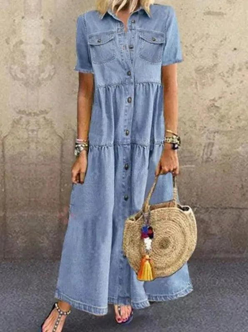 Retro-Inspired Short Sleeve Denim Dress with Pockets and Button Detail for Women’s Spring/Summer Casual Wear