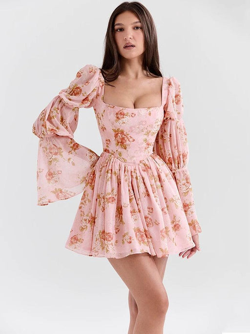 Floral Ruffled Puff Sleeve Backless Mini Dress for Women - Chic Party Clubwear