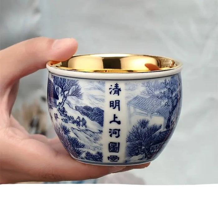 Blue and White Ceramic Tea Cup Set with Enamel Accents - Luxury Design