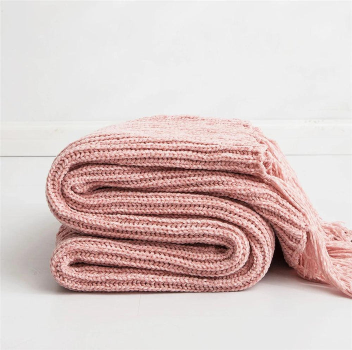 Charming Chenille Knit Throw Blanket with Delightful Pompoms - Cozy Elegance for Your Living Space