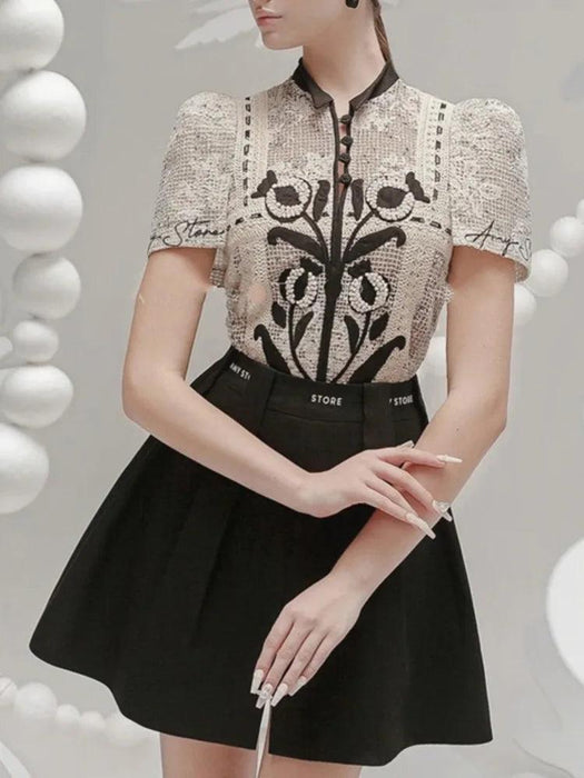 Floral Embroidery Lace Top and Pleated Skirt Set