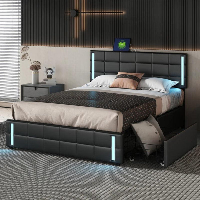 Luxurious Queen Bed with Smart LED Lighting, USB Charging, and Spacious Storage Options