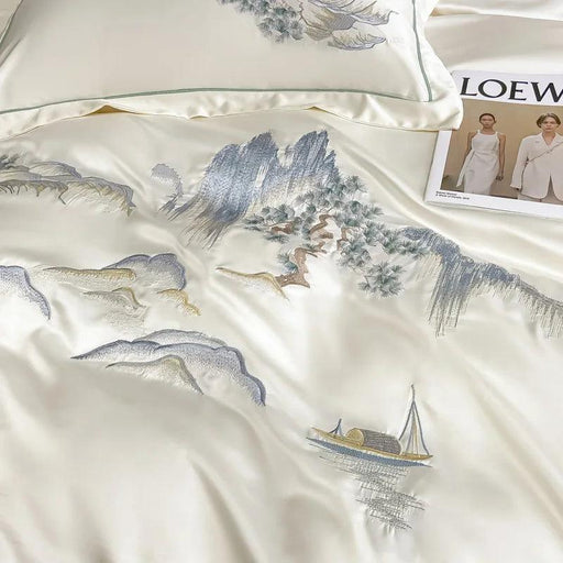 Elegant Chinese Landscape Embroidery Luxury Bedding Set - Silky Duvet Cover, Soft Quilt Cover, Bed Sheet & Pillowcases for 2024