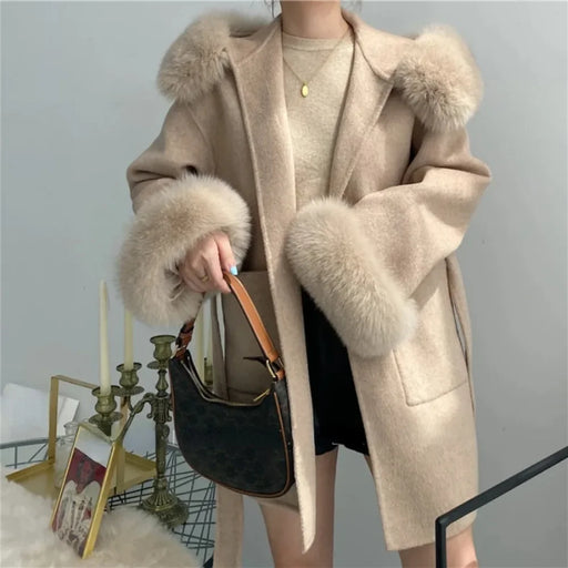 Luxurious Fox Fur Trimmed Wool Blend Winter Coat for Women