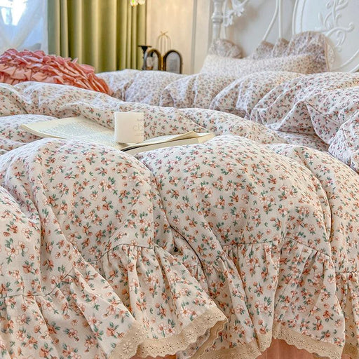 Charming Vintage Floral Ruffled Cotton Bedding Set with Skirt and Pillowcases