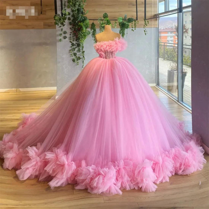 Blush Pink Off-Shoulder Tulle Gown with Floral Ruching for Elegant Evenings