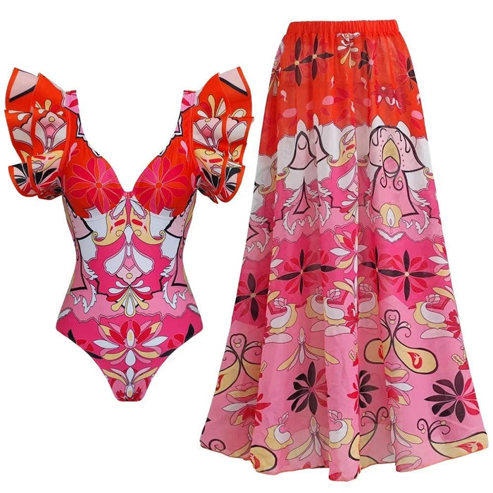 Ruffled Floral Brazilian Swim Set - Fashionable Skirted Beachwear for Women