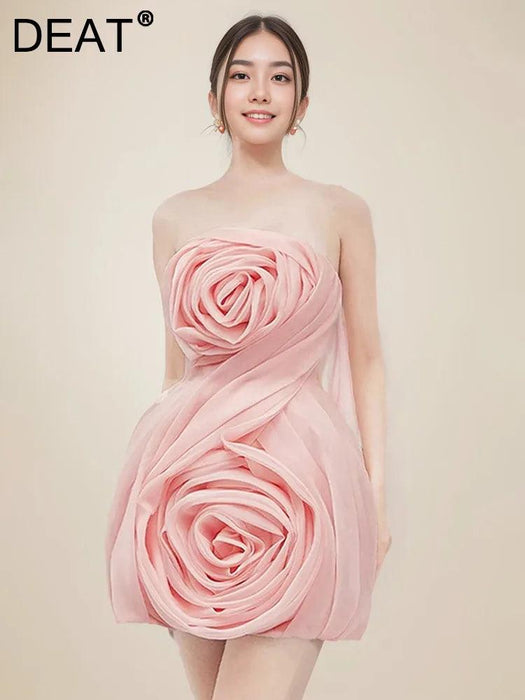 3D Floral Strapless Mini A-line Dress for Women – Slim Waist