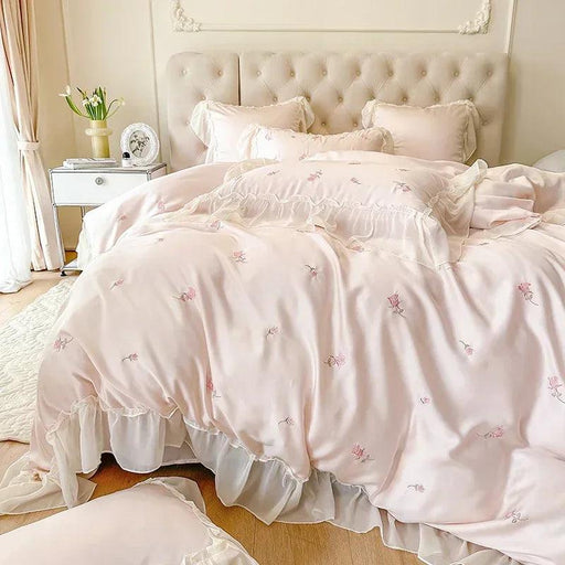 Luxurious Korean Style Lace Embroidered Lyocell Bedding Set - Pink and White