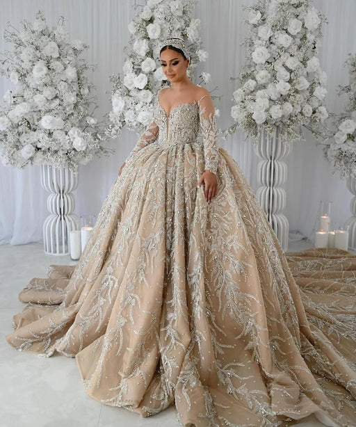 Enchanting Custom Off-Shoulder Sequin Bridal Ball Gown with Graceful Long Sleeves