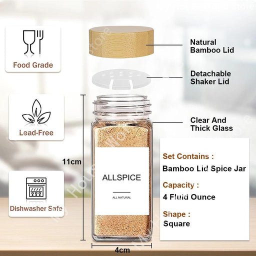 Bamboo-Lid Glass Spice Jar Set with Shaker Lids, Labels, and Funnel - 4oz