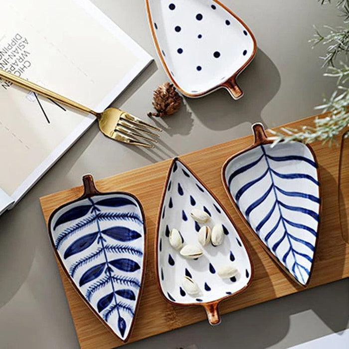 Artisan Japanese Leaf-Shaped Ceramic Serving Dish Set with Elegant Wooden Tray