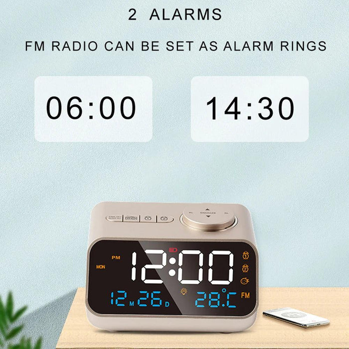 Sleek LED Alarm Clock with FM Radio, Temperature & Humidity Display for a Stylish Bedside Experience