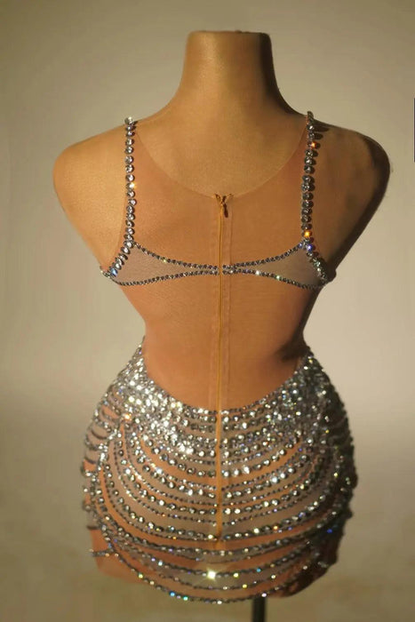 Radiant Crystal-Embellished Mini Dress - Glamorous Evening and Prom Style for Women