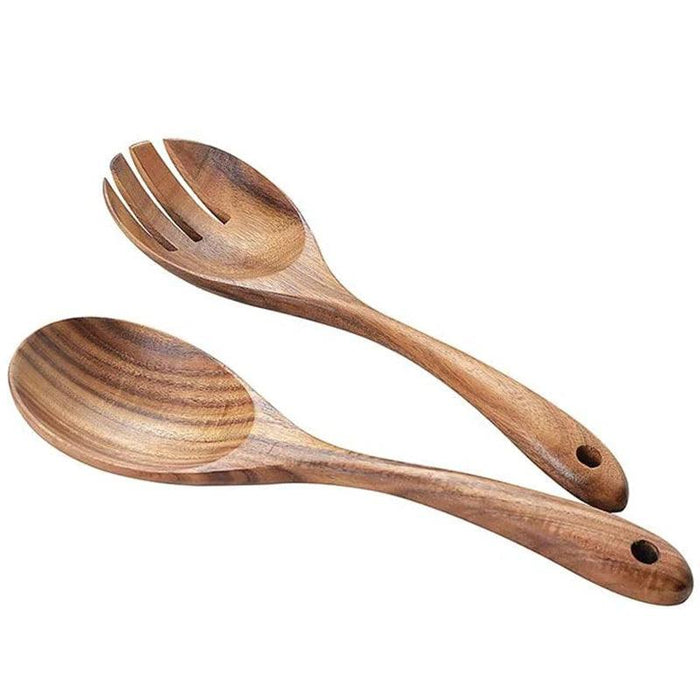 Set of 2 Eco-Friendly Acacia Wood Salad Serving Set - Artisan Spoon & Fork