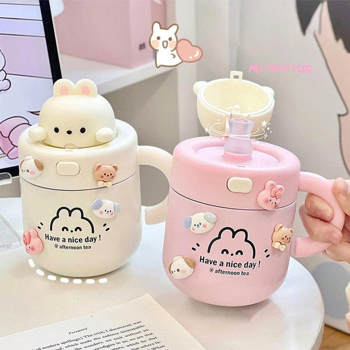 Adorable Kawaii Bear Insulated Stainless Steel Travel Mug with Straw for All Your Beverages