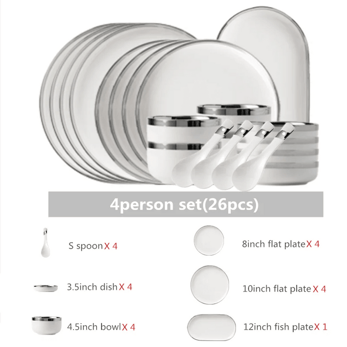 Sophisticated White Porcelain Dinnerware Collection with Silver Detailing for Elegant Home and Hotel Dining