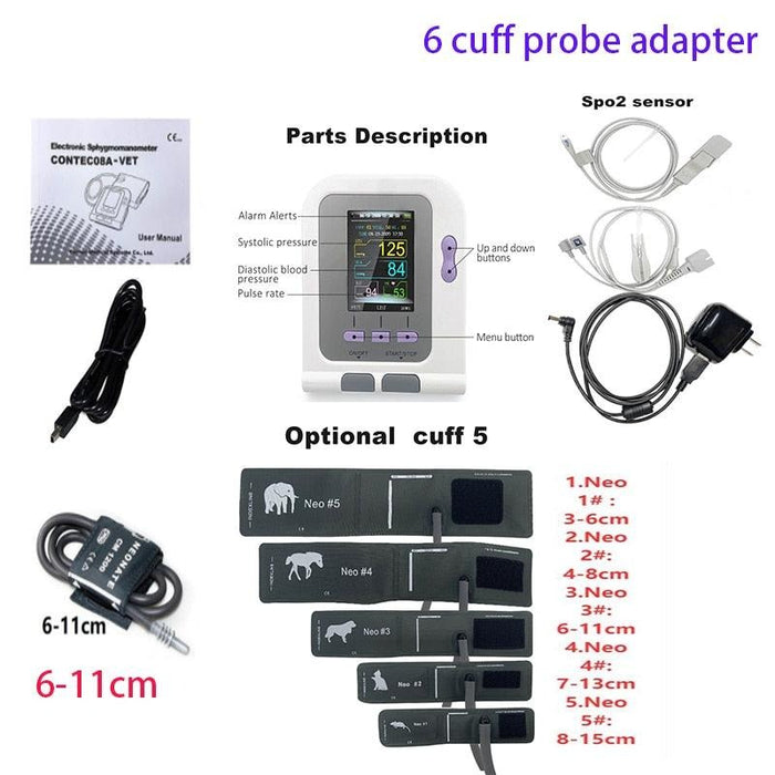 Comprehensive Veterinary Blood Pressure and Oxygen Monitoring System with Adjustable Cuff Sizes