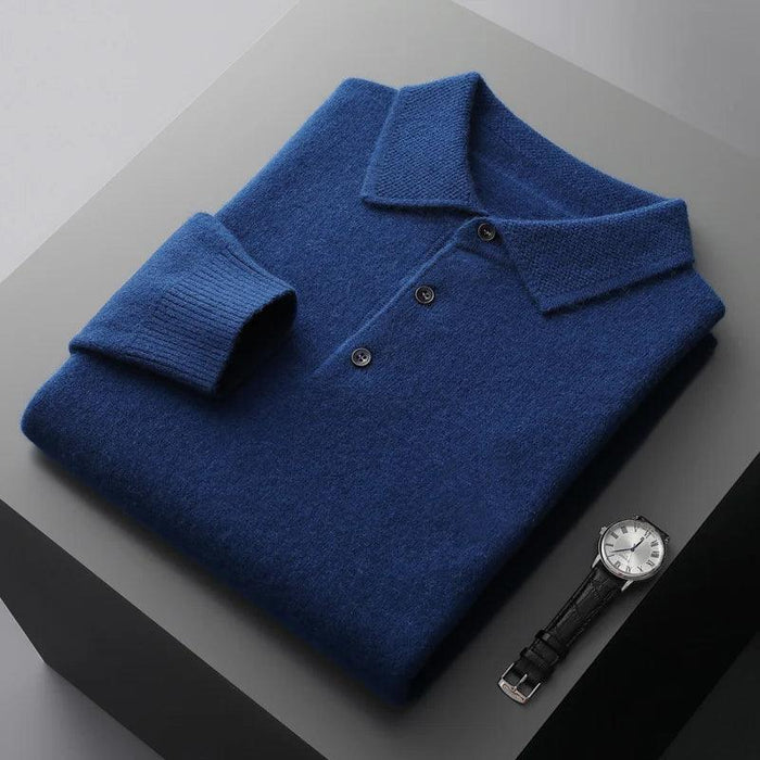 Extrafine Merino Wool Men's Lapel Polo Neck Sweater | Elegant Long Sleeve Knit Top | Perfect for Business & Casual Wear | Standard Asia Size