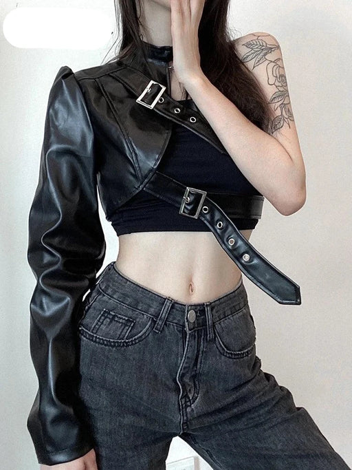 Edgy Asymmetrical Black PU Leather Cropped Halter Jacket