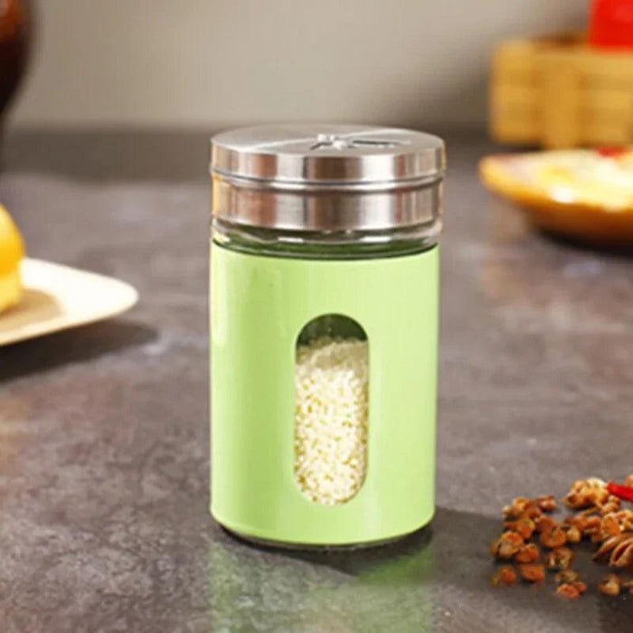 Stylish Rotating Glass Spice Dispenser Set with Stainless Steel Lids - Trio of Seasoning Jars